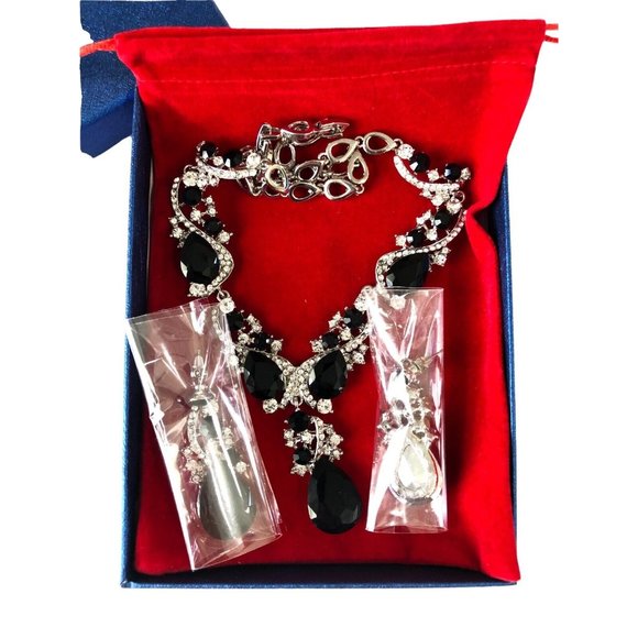 Clearine Set di gioielli da sposa per donna, collana a Y, bracciale da tennis e orecchini pendenti, set di cristalli a goccia, marquise cluster gioielli per sposa damigella d'onore blu argento